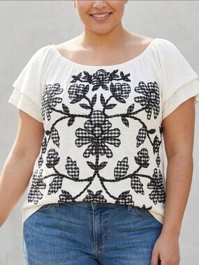 Democracy Cream Short-Sleeve Embroidered Floral Blouse